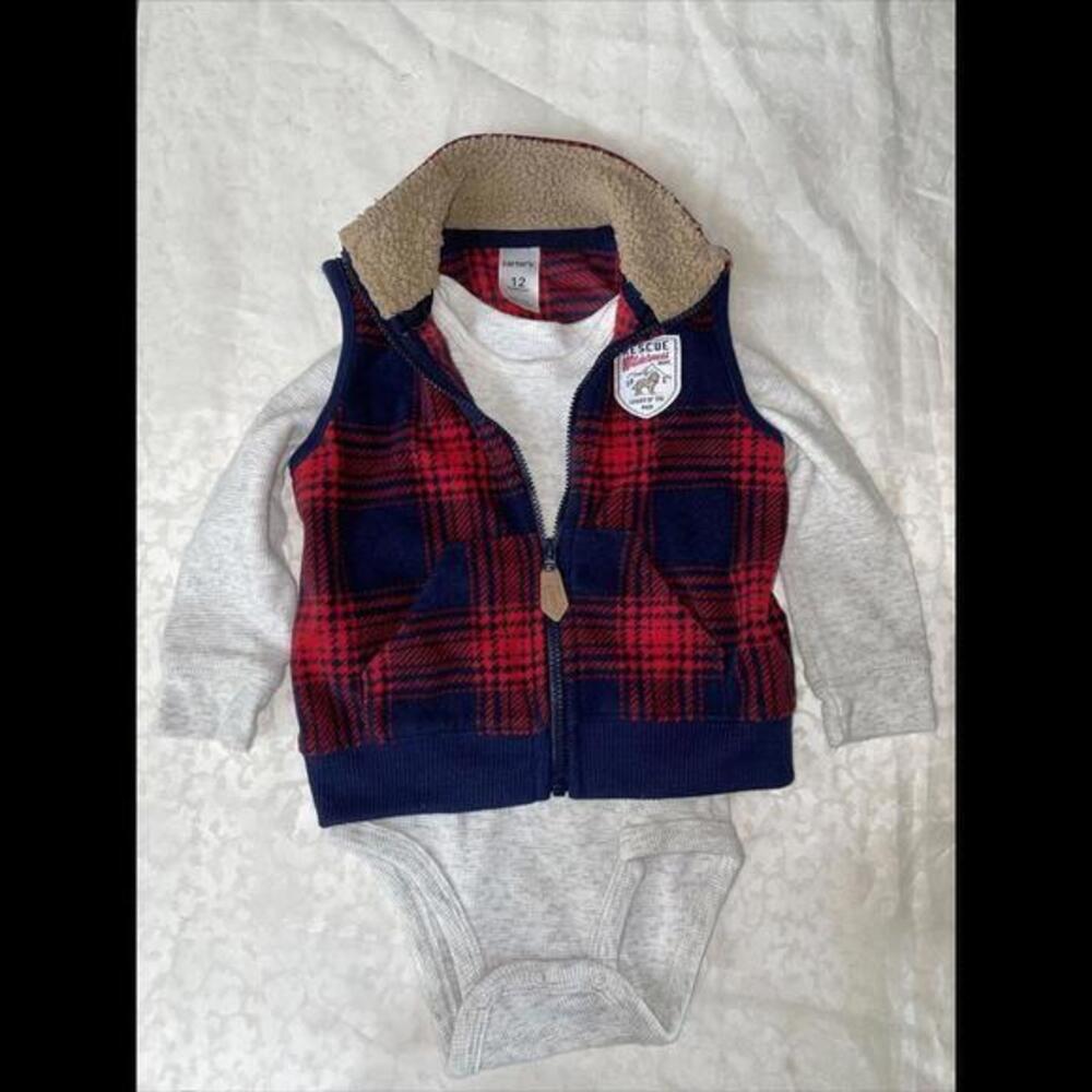 Unisex CARTER's Red Blue Fleece Plaid Vest Full Zip & Long Sleeve Top